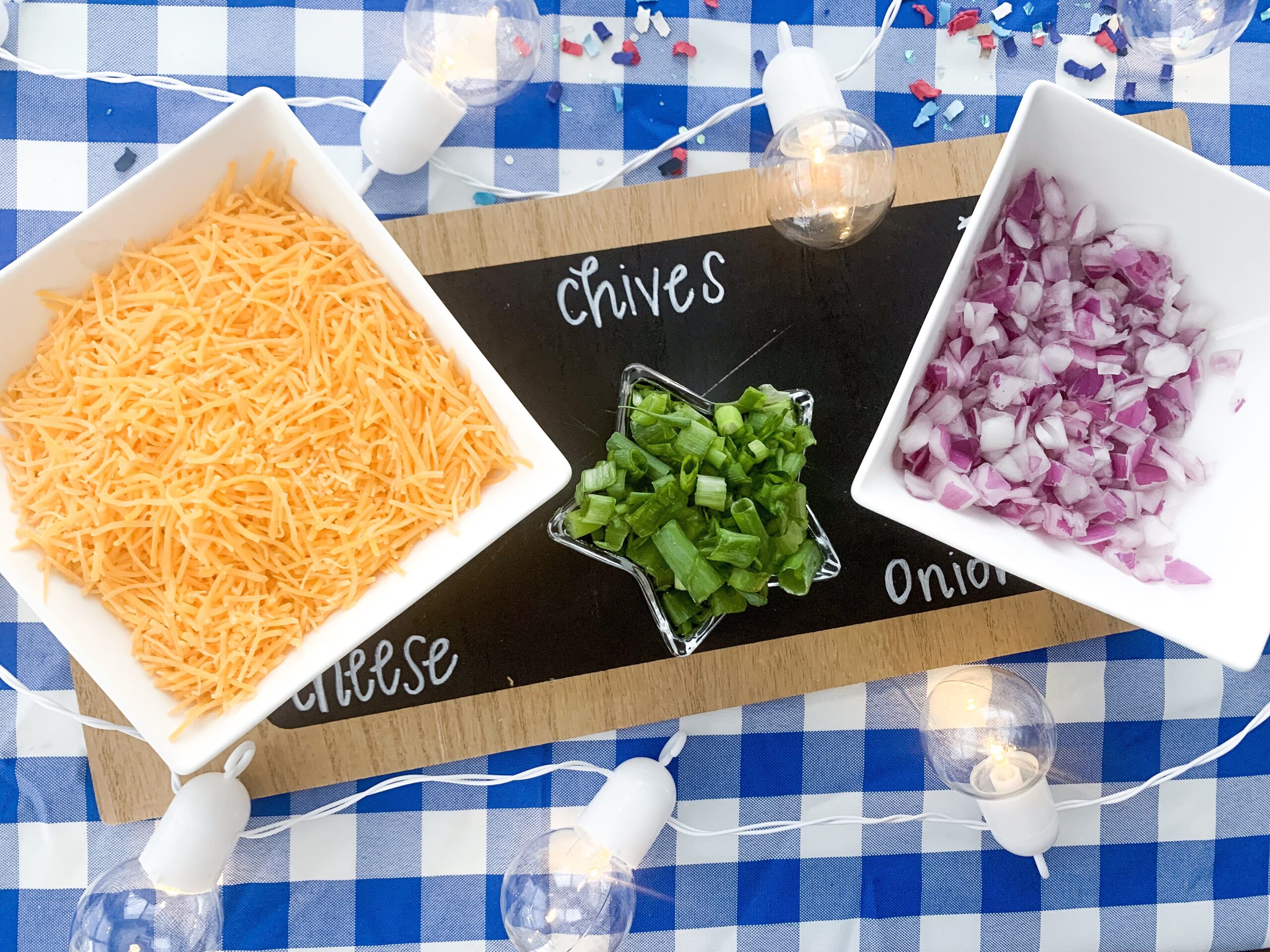 4th of July Baked Potato Bar fourth of july party decor! American party decor ideas! Baked Potato Bar Ideas